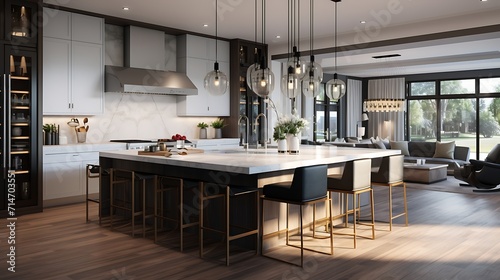 An open-concept kitchen with a large island and modern appliances.