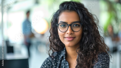 Young successful Indian IT developer female engineer working inside the office of a development company portrait of a female programmer with curly hair and glasses, smiling and looking at the camera. 