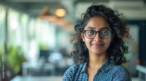 Young successful Indian IT developer female engineer working inside the office of a development company portrait of a female programmer with curly hair and glasses, smiling and looking at the camera. photo