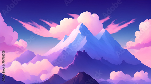 Pink Clouds over a Mountain Landscape. The clouds are soft and fluffy, with a variety of shades of pink. The sky is a deep blue © Noboru