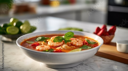 Asian soup with seafood. Tom Yam soup with shrimp in bowl.