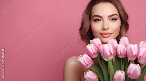 Beautiful young woman with a bouquet of pink tulips on an isolated pink background. Copy space. Spring banner