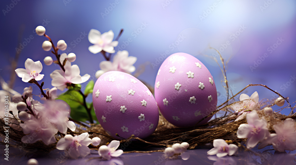 Beautiful easter background with purple coloured eggs and cherry blossom - 16:9 format