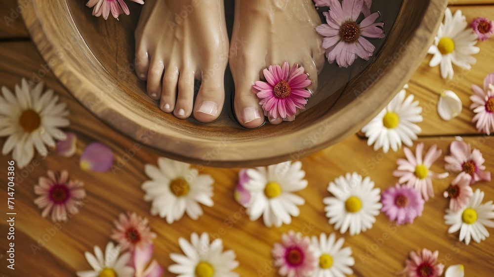 Relaxing Floral Foot Spa Treatment.
Bare feet soaking in a spa bowl with floating daisies and wooden background. Relaxing Floral Foot Spa Treatment.
Bare feet soaking in a spa bowl with floating daisies and wooden background.