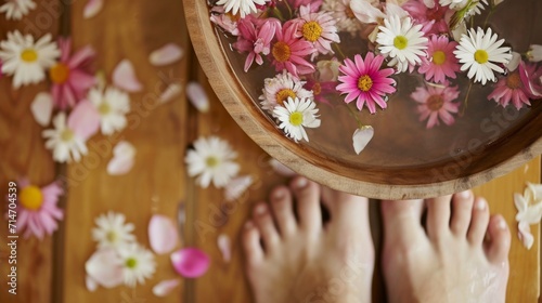 Serene Foot Bath with Daisy Flowers. Feet in water surrounded by daisies, a tranquil at-home spa concept.