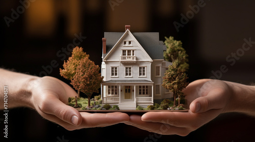 Miniture house model human hand displaying, real estate concept photo