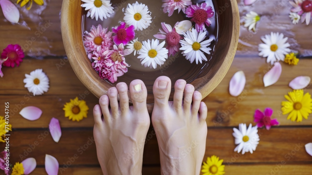 Refreshing Daisy Foot Soak at Home.
Overhead view of a refreshing foot soak with daisies and wooden texture. Refreshing Daisy Foot Soak at Home.
Overhead view of a refreshing foot soak with daisies and wooden texture.