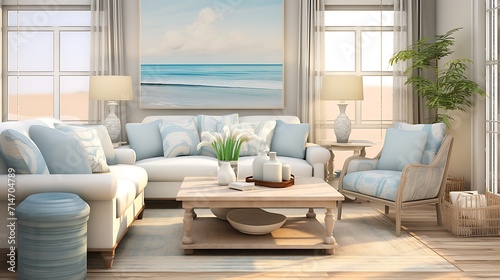 A beach-inspired living room with coastal colors and seashell decor.