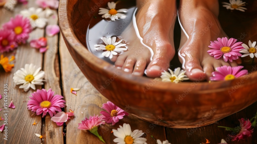 Tranquil Foot Soak with Daisy Array.
Top view of feet in water amidst a tranquil array of daisies and petals. Tranquil Foot Soak with Daisy Array.
Top view of feet in water amidst a tranquil array of daisies and petals.