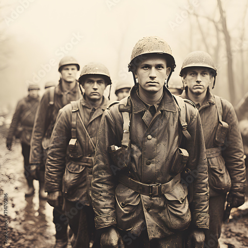 Group of army recruits at a boot camp isolated on white background, vintage, png 