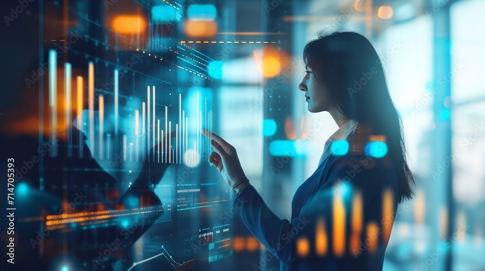 Woman Analyzing Graphs on Screen to Make Informed Decisions