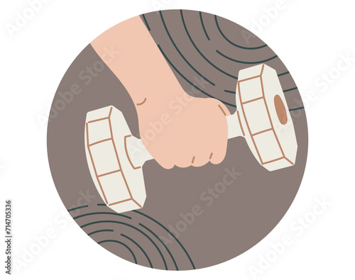 Highlights cover template for social networks. Female hand holding a dumbbell, sport. Vector isolated round sticker, flat style.