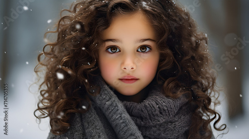 Portrait of a cute little girl with dark curly hair and a porcelain face on a winter background. Close up