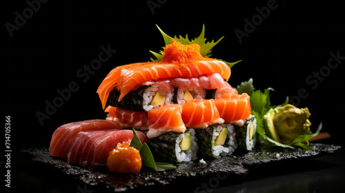 Sushi set on black background. Sushi art. Beautiful serving. Traditional Japanese food. Rice and fish.