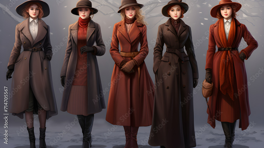 Creative showcase of women's spring clothes in vintage style. Sketch of women's clothing in the English style. Elegant women's autumn look