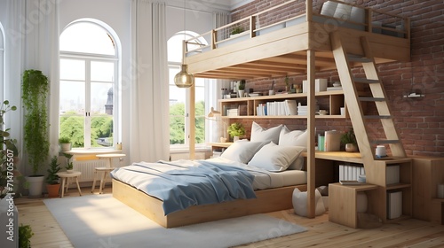 A bedroom with a space-saving loft bed.