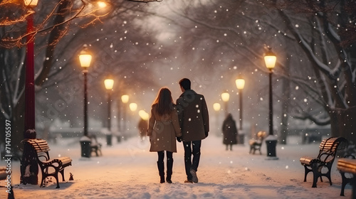 Silhouette of a couple in love (back view) in a winter evening park. Valentine's day concept