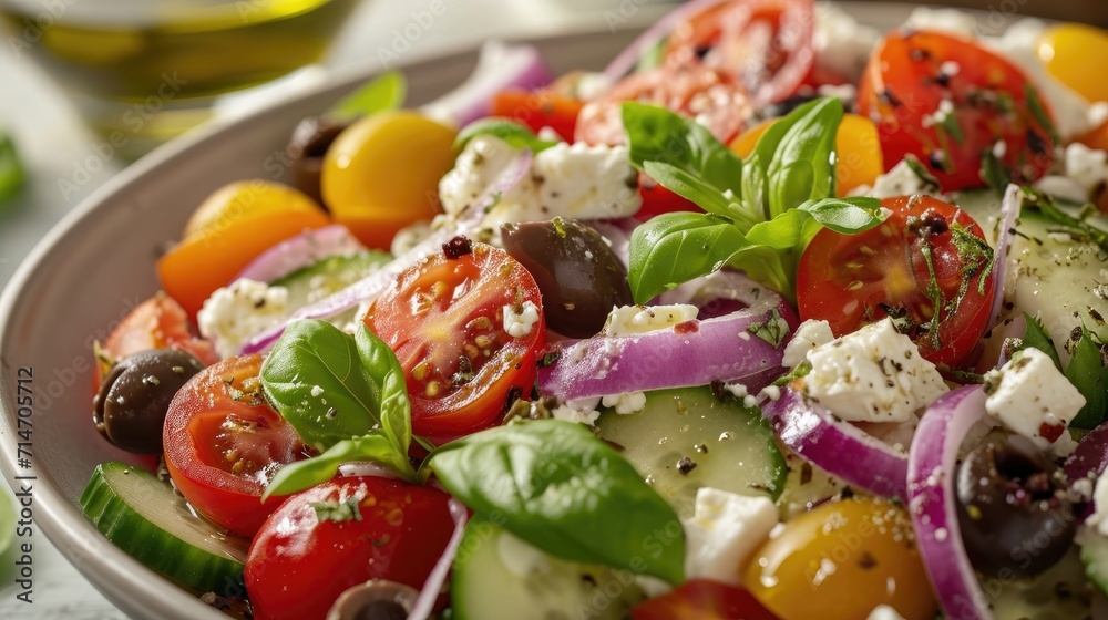 A Greek salad with plump cherry tomatoes, cucumber, red onion, Kalamata olives, feta cheese, and a drizzle of olive oil and oregano 