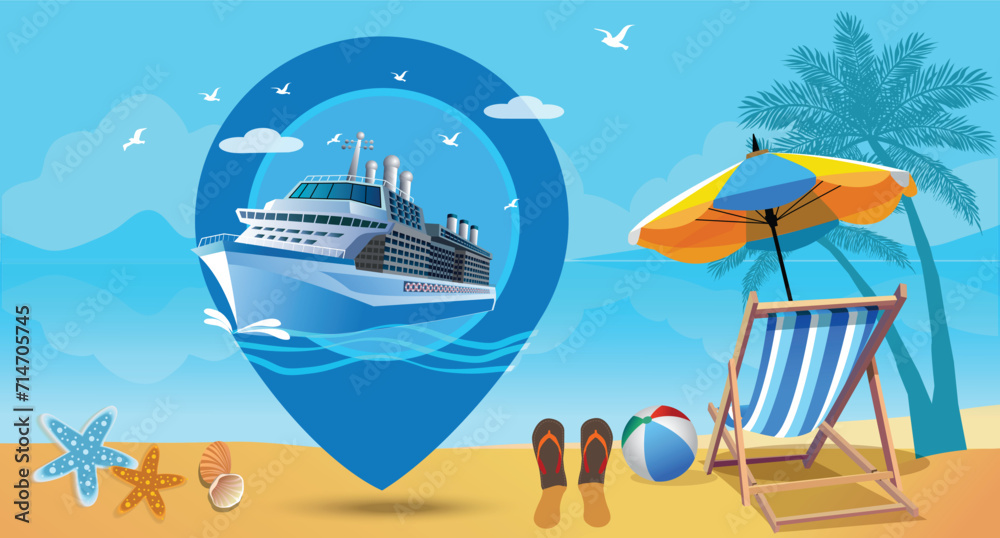 Summer holiday vacation concept.Check in  travel with cruise liner.  illustration.