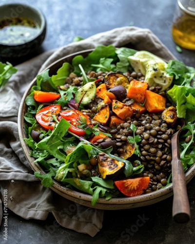 A lentil and vegetable salad with cooked lentils, roasted vegetables, and a tangy mustard vinaigrette