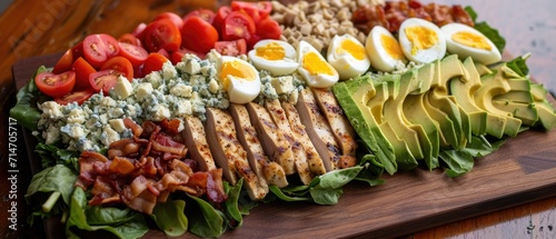 A hearty Cobb salad featuring rows of grilled chicken, bacon, boiled eggs, avocado, blue cheese, and diced tomatoes on a bed of greens