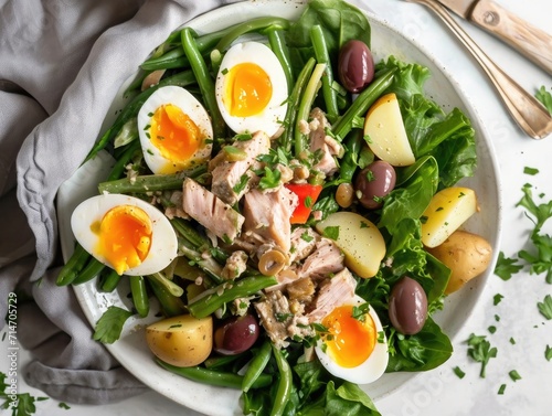 A NiÃ§oise salad with tuna, green beans, potatoes, hard-boiled eggs, olives, and a Dijon vinaigrette photo