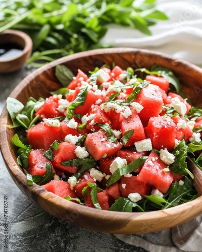 A refreshing watermelon and feta salad with arugula, juicy watermelon chunks, crumbled feta, and mint, dressed with a balsamic reduction