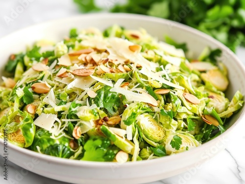 A shaved Brussels sprout salad with thinly sliced Brussels sprouts, Parmesan cheese, almonds, and a mustard vinaigrette