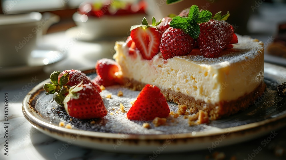 A piece of delicious dessert. Cheesecake with strawberries on a saucer. A piece of delicious dessert. Cheesecake with strawberries on a saucer.