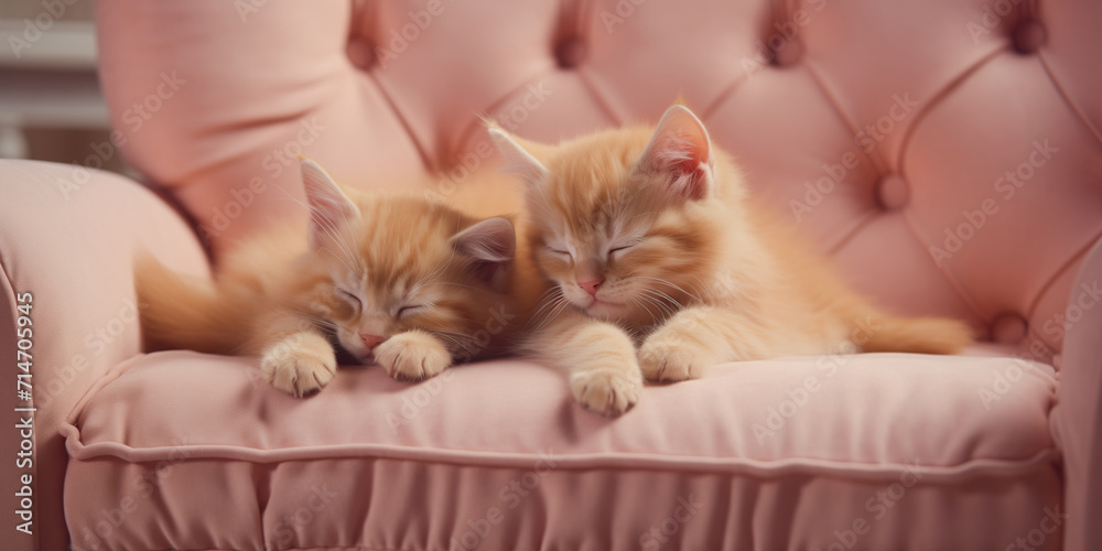 Ginger kittens slepping in a soft pink chair. Image for veterinary clinic, adoption website. Advertisement for a pet-friendly home product. Postcard, banner with copy space.