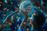 Soccer player with ball against close up of soccer players holding ball Сomputer graphics,