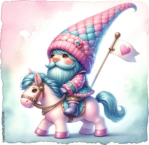 cute Gnome in a seapunk outfit with a pink heart flag, riding a toy horse, wear a pink hat. valentine's day.