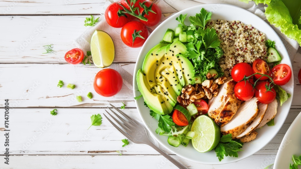Healthy salad bowl with quinoa, tomatoes, chicken, avocado, lime and mixed greens, lettuce, parsley, on white wood background top view. Food and health, served in the white plate on white wooden table Healthy salad bowl with quinoa, tomatoes, chicken, avocado, lime and mixed greens, lettuce, parsley, on white wood background top view. Food and health, served in the white plate on white wooden table