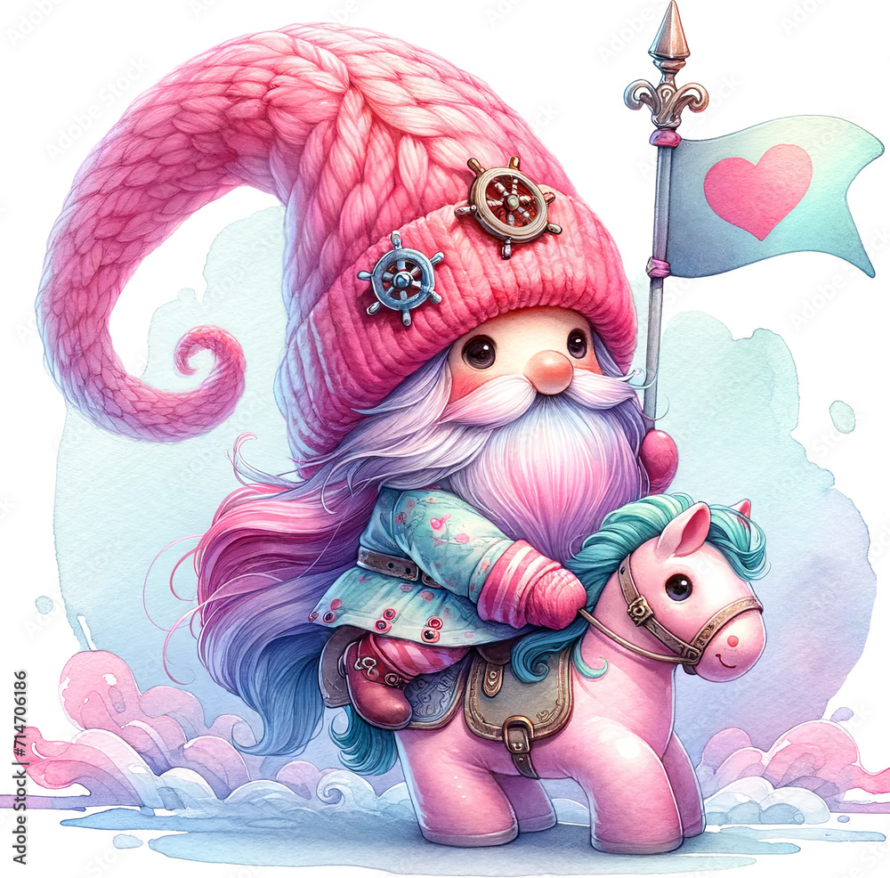 Obraz premium cute Gnome in a seapunk outfit with a pink heart flag, riding a toy horse, wear a pink hat. valentine's day.