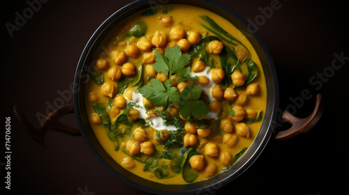 A bowl of creamy, spiced chickpea and spinach curry, a delicious and healthy dish for iftar