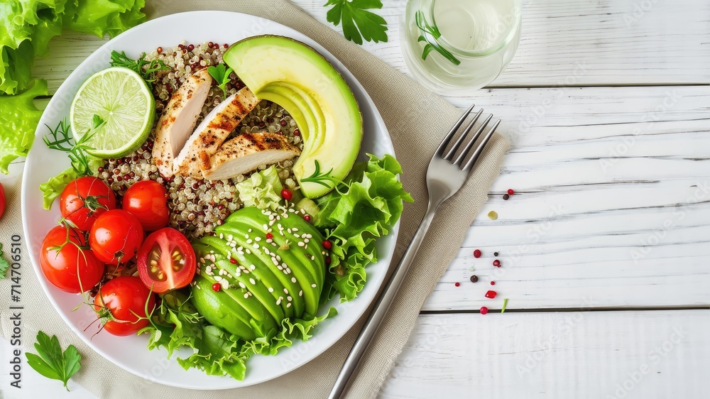 Healthy salad bowl with quinoa, tomatoes, chicken, avocado, lime and mixed greens, lettuce, parsley, on white wood background top view. Food and health, served in the white plate on white wooden table