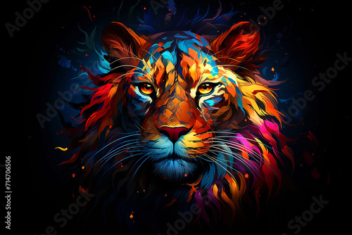 Abstract  Tiger. multi colored  neon portrait of a tiger looking forward  in the style of pop art on a black background.