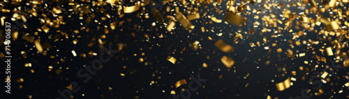 Luxurious black backdrop with a cascade of golden confetti, ideal for upscale event announcements, glamorous product launches, and sophisticated advertising. Festive blurred background. photo
