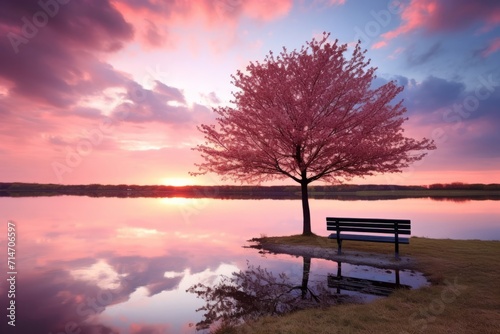 Serene Lakeside Cherry Blossom at Sunset © Andrei