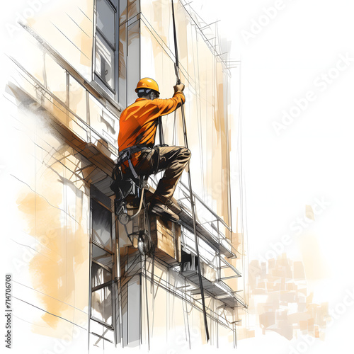 Construction worker on a high-rise building isolated on white background, sketch, png
