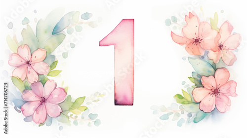 Fototapeta Naklejka Na Ścianę i Meble -  Number 1 one. Colorful watercolor aquarelle font type. Floral Alphabet. Botanic flower, leaf composition. Good for wedding, bridal, birthday, greeting, baby shower card, design element