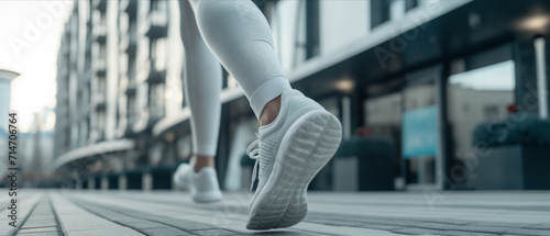 Close-up of white sneakers in motion on city pavement, capturing the essence of an active lifestyle amidst the urban landscape