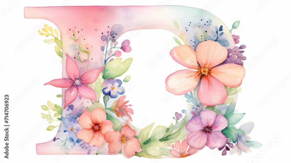 Uppercase english letter D. Colorful watercolor aquarelle font type. Floral Alphabet. Botanic flower, leaf composition. Good for wedding, bridal, birthday, greeting, baby shower card, design element