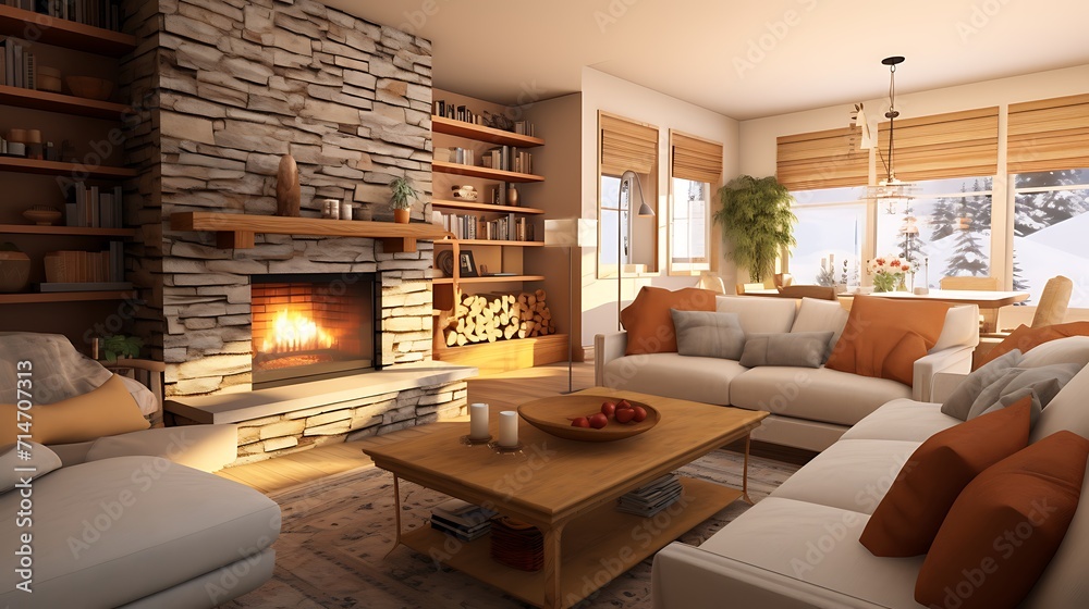 A cozy and inviting family room with a stone fireplace and warm colors.