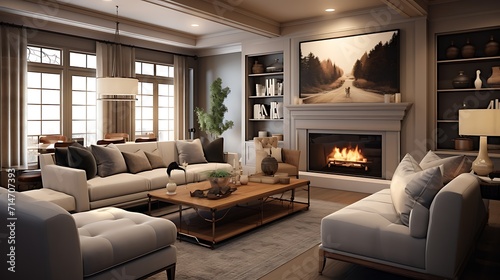A cozy and welcoming family room with a fireplace and plush seating. © Muhammad