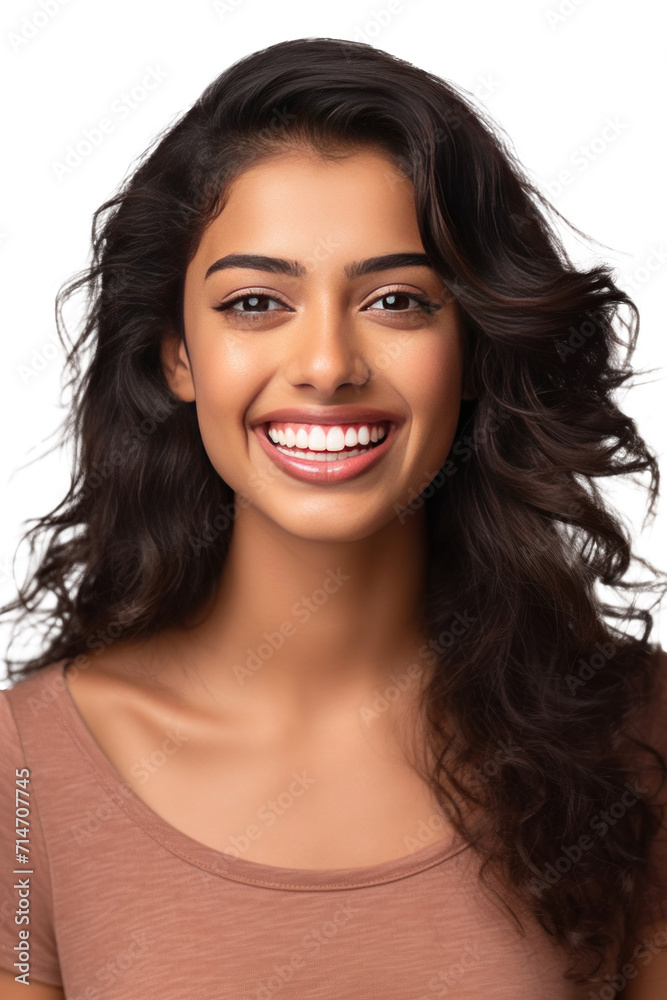 Fototapeta premium A beautiful young indian model woman smiling with clean teeth isolated on a transparent background.