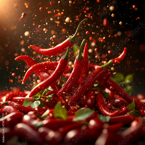 spicy chilli peppers falling in sharp studio light