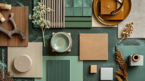Creative flat lay composition of interior designer and architect moodboard. Textile and paint samples, lamella panels and lastrico tiles. Beige, black and green color palette. Copy space. Template. photo