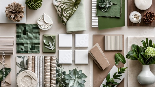 Creative flat lay composition of interior designer and architect moodboard. Textile and paint samples, lamella panels and lastrico tiles. Beige, black and green color palette. Copy space. Template. photo