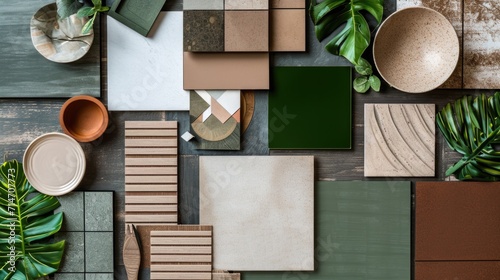 Creative flat lay composition of interior designer and architect moodboard. Textile and paint samples, lamella panels and lastrico tiles. Beige, black and green color palette. Copy space. Template. photo